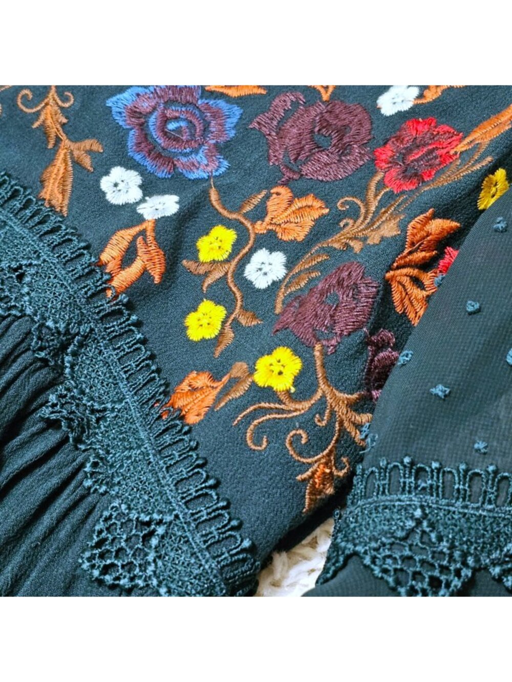 Altar'd State Brand Dress. Teal Green Floral Embroidered Swiss Dot. Size Small - Picture 11 of 13